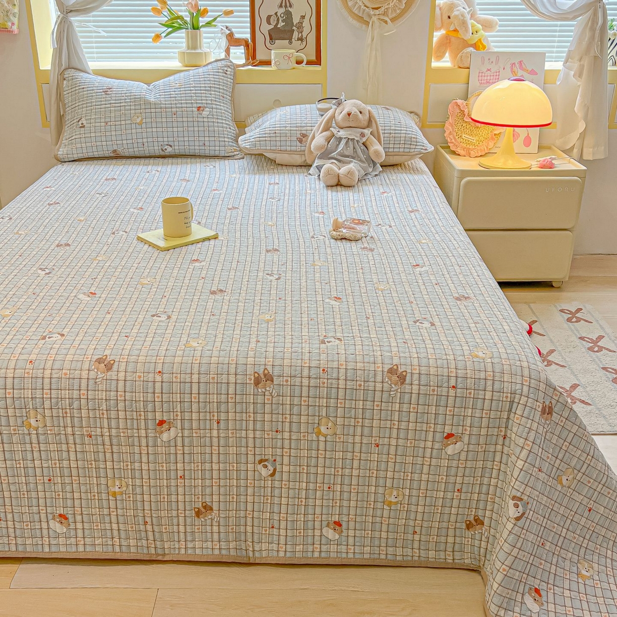 91家纺网 家纺一手货源 找家纺 欧妮家纺 2026新款A类云感双层纱夏被单床盖 格子萌狗