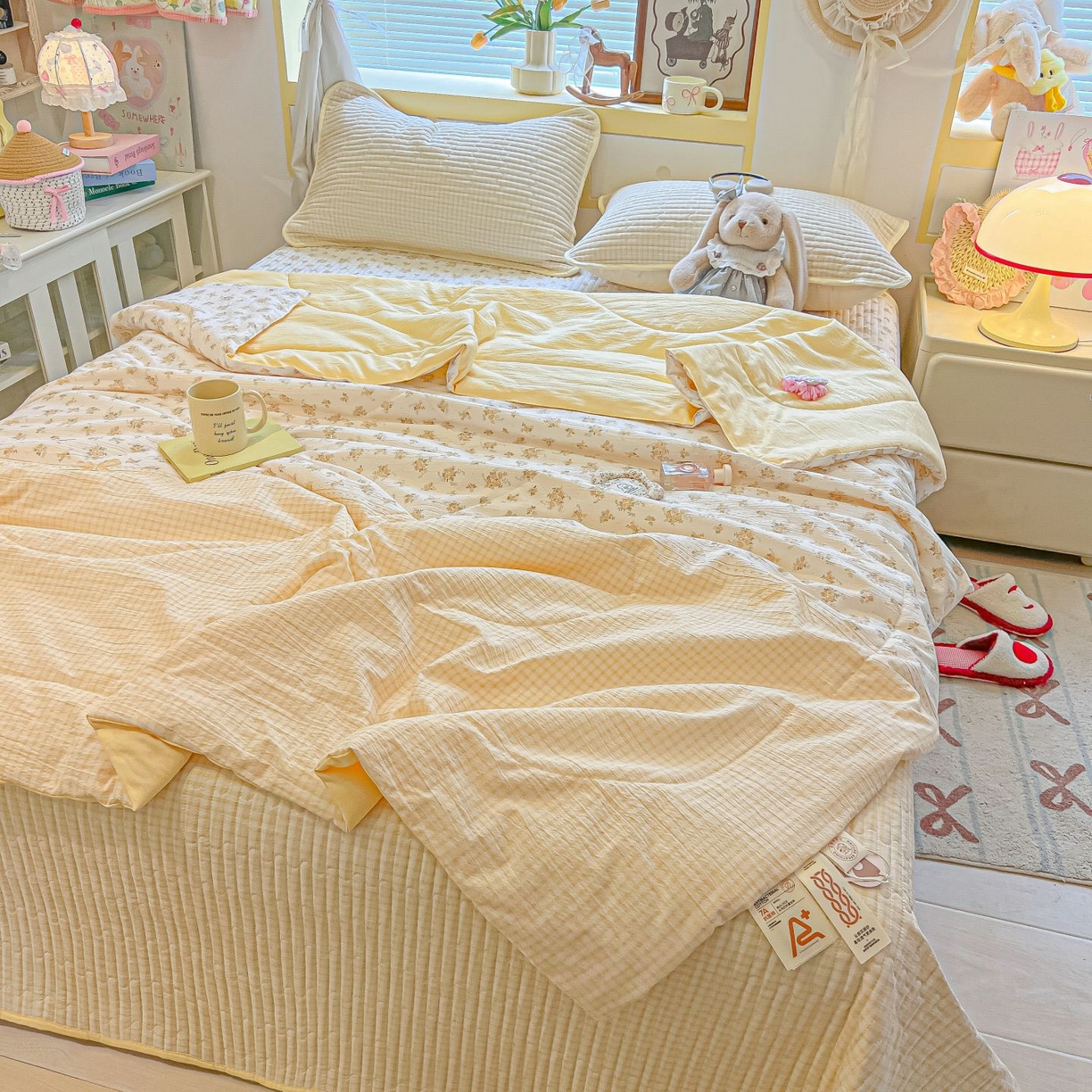 91家纺网 家纺一手货源 找家纺 欧妮家纺 2026新款A类云感双层纱夏被单床盖 暖花