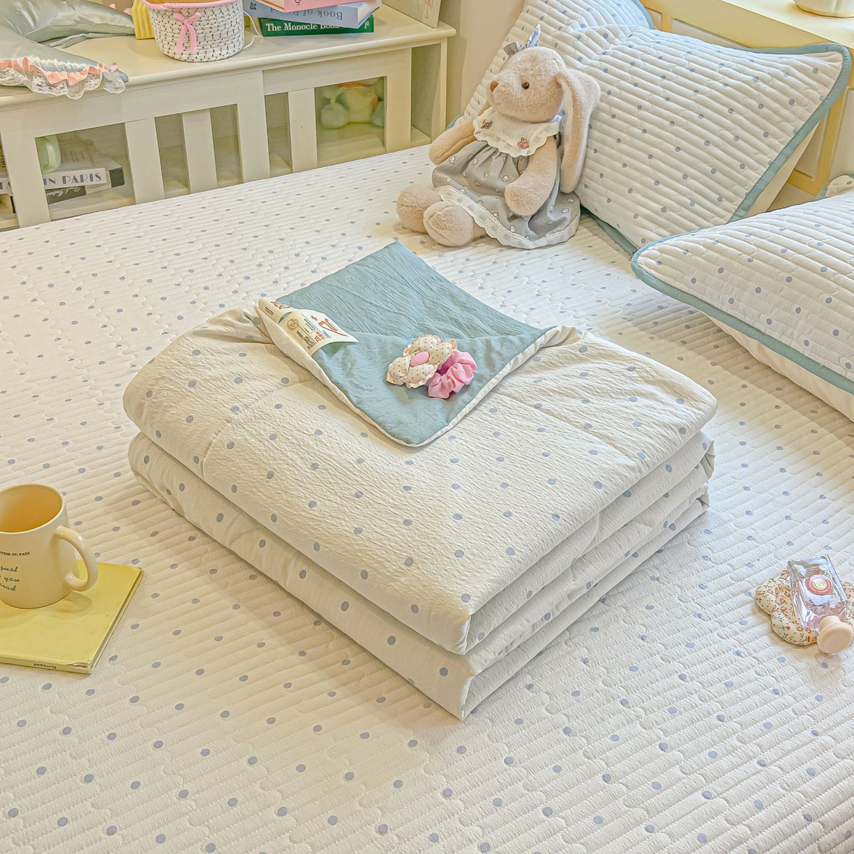 91家纺网 家纺一手货源 找家纺 欧妮家纺 2026新款A类云感双层纱夏被单床盖 波点-蓝