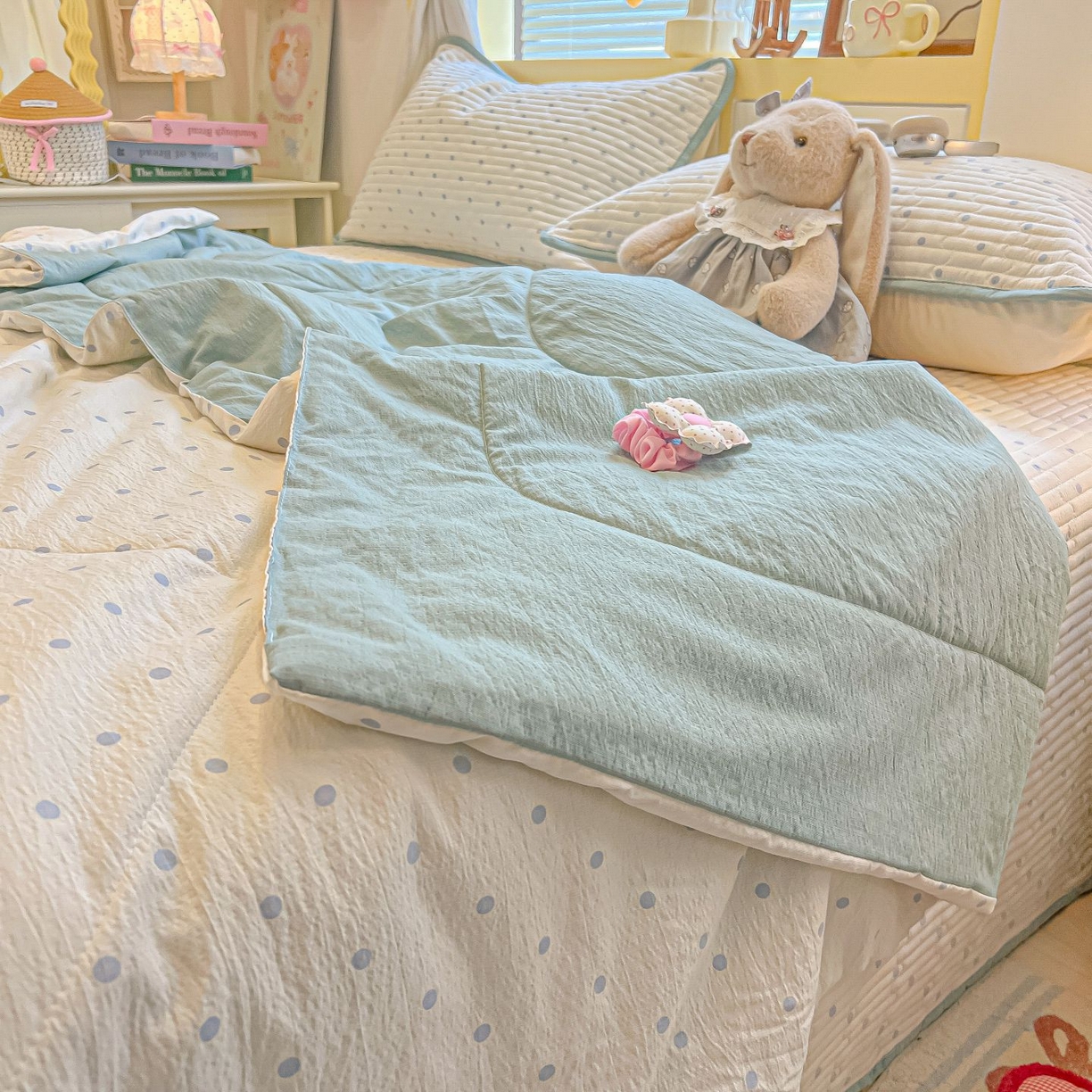 91家纺网 家纺一手货源 找家纺 欧妮家纺 2026新款A类云感双层纱夏被单床盖 波点-蓝