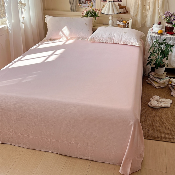 91家纺网 家纺一手货源 找家纺 仟网汇 2026新款彩色花边木棉皱皱纱夏被夏凉被空调被四件套 初心粉