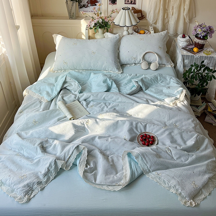 91家纺网 家纺一手货源 找家纺 仟网汇 2026新款彩色花边木棉皱皱纱夏被夏凉被空调被四件套 初心蓝