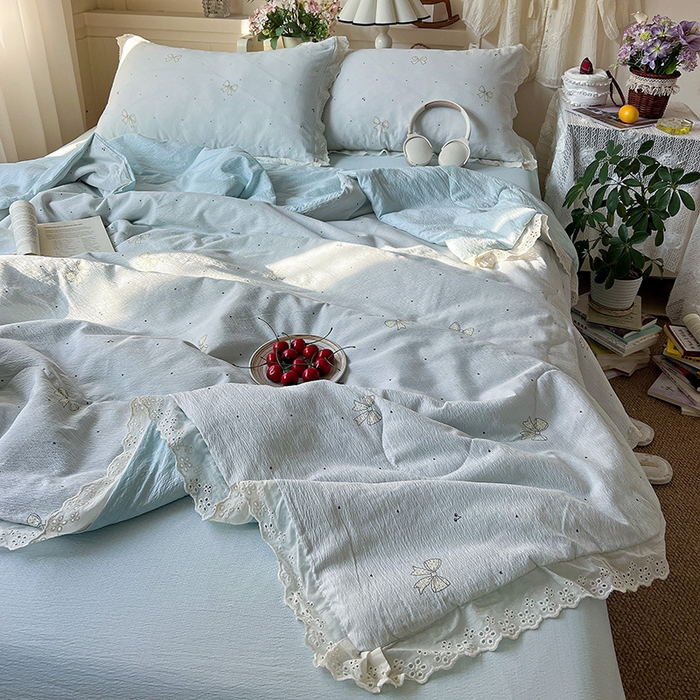 91家纺网 家纺一手货源 找家纺 仟网汇 2026新款彩色花边木棉皱皱纱夏被夏凉被空调被四件套 初心蓝