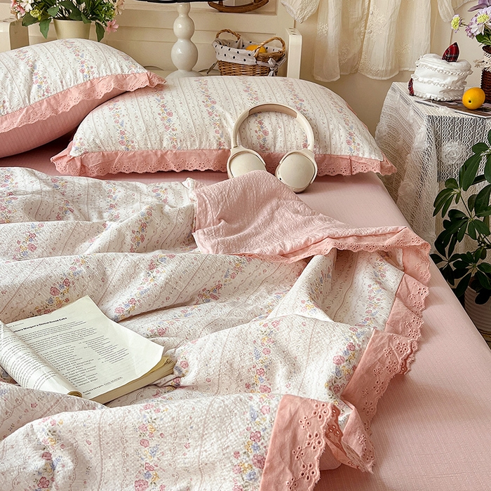 91家纺网 家纺一手货源 找家纺 仟网汇 2026新款彩色花边木棉皱皱纱夏被夏凉被空调被四件套 扶摇