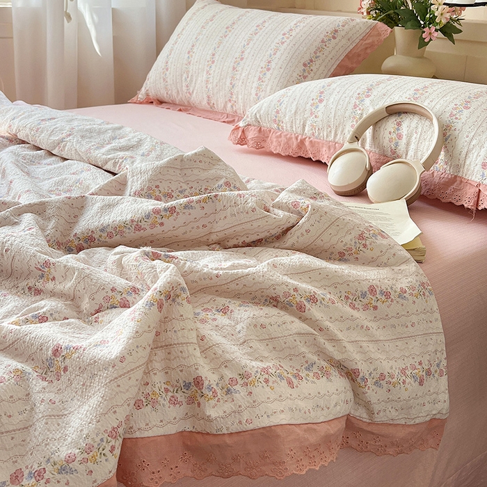 91家纺网 家纺一手货源 找家纺 仟网汇 2026新款彩色花边木棉皱皱纱夏被夏凉被空调被四件套 扶摇