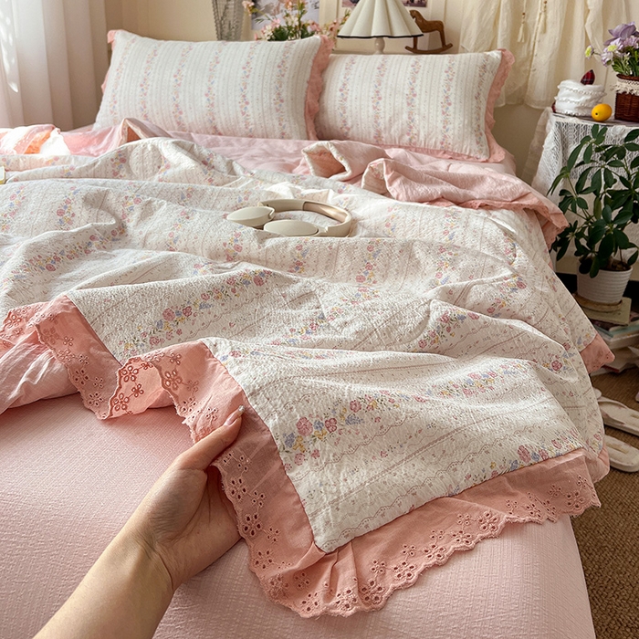 91家纺网 家纺一手货源 找家纺 仟网汇 2026新款彩色花边木棉皱皱纱夏被夏凉被空调被四件套 扶摇