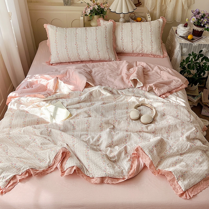 91家纺网 家纺一手货源 找家纺 仟网汇 2026新款彩色花边木棉皱皱纱夏被夏凉被空调被四件套 扶摇