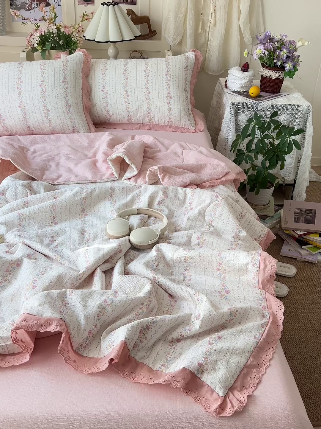 91家纺网 家纺一手货源 找家纺 仟网汇 2026新款彩色花边木棉皱皱纱夏被夏凉被空调被四件套 扶摇