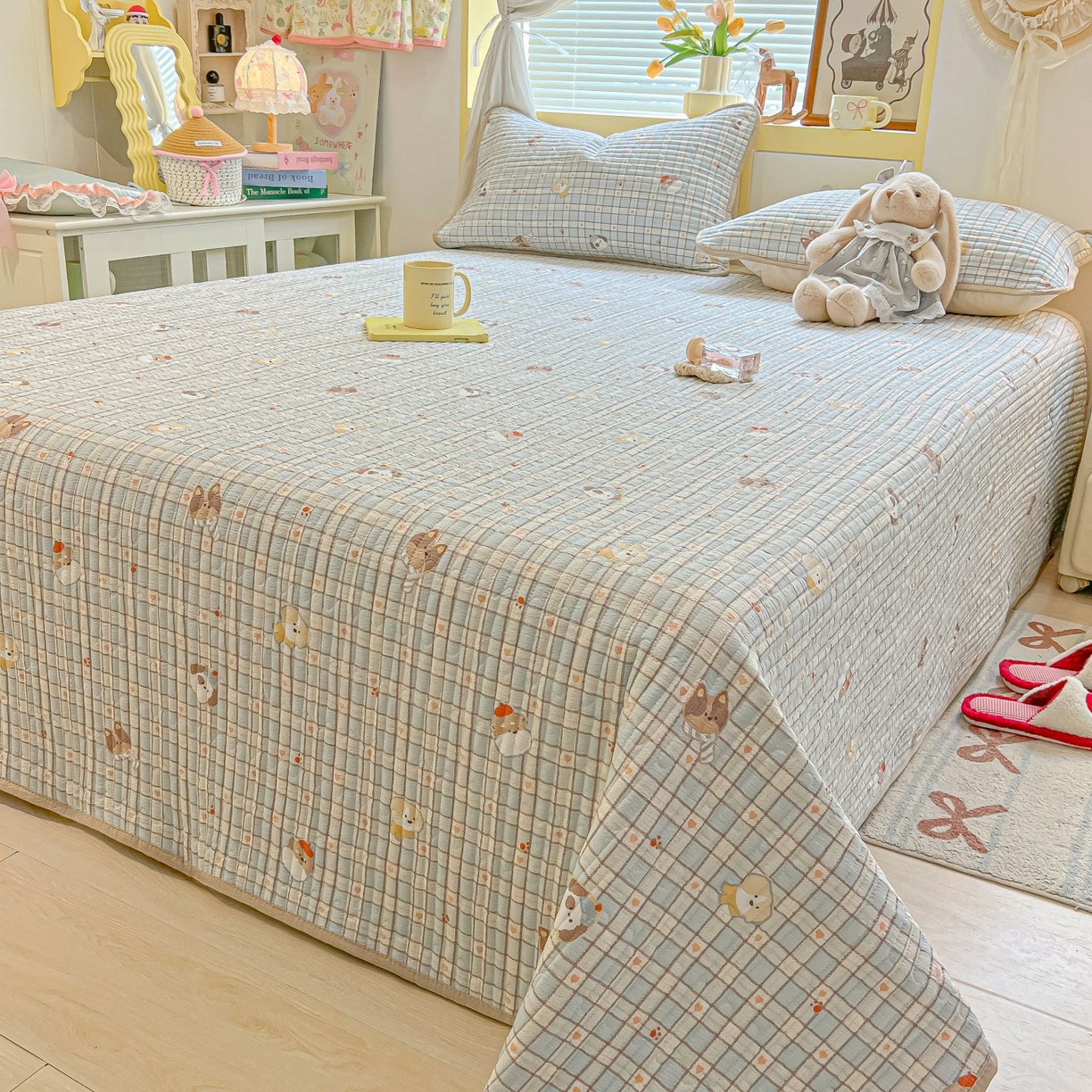 91家纺网 家纺一手货源 找家纺 欧妮家纺 2026新款A类云感双层纱夏被床盖四件套 格子萌狗