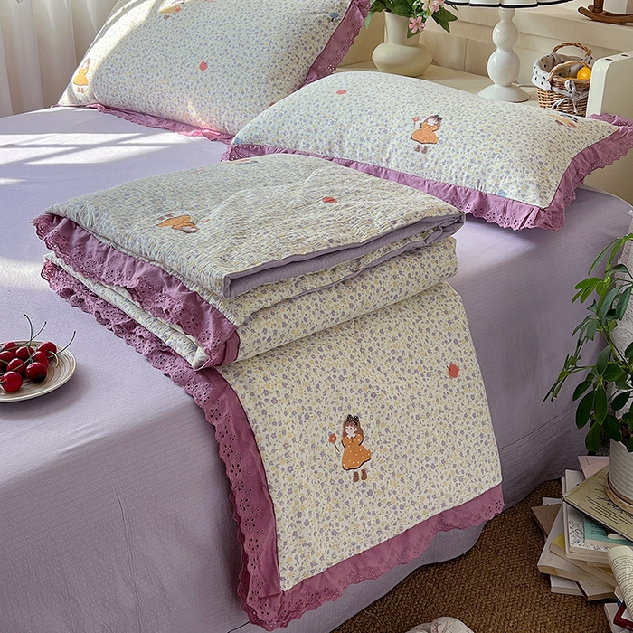 仟网汇 2026新款彩色花边木棉皱皱纱夏被夏凉被空调被四件套 花间女孩