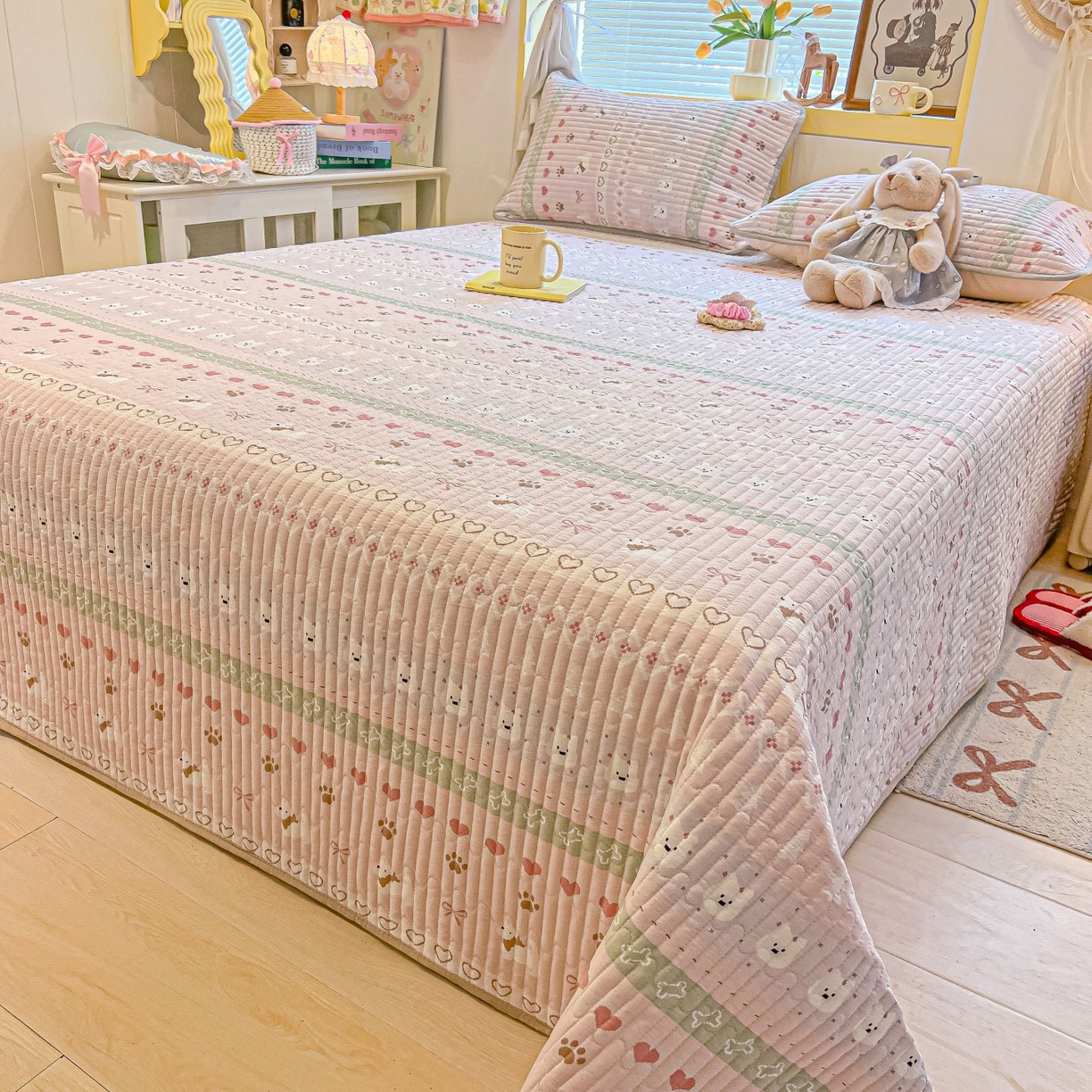 91家纺网 家纺一手货源 找家纺 欧妮家纺 2026新款A类云感双层纱夏被床盖四件套 小狗日记