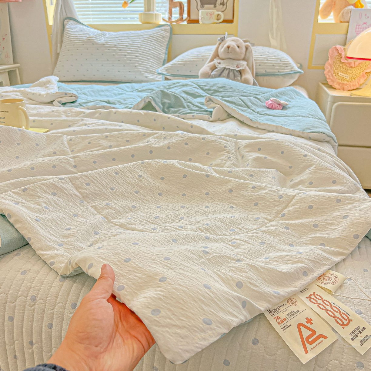 91家纺网 家纺一手货源 找家纺 欧妮家纺 2026新款A类云感双层纱夏被床盖四件套 波点-蓝