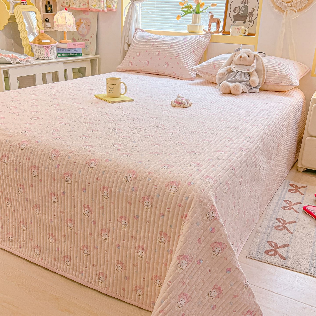 91家纺网 家纺一手货源 找家纺 欧妮家纺 2026新款A类云感双层纱夏被床盖四件套 粉粉兔