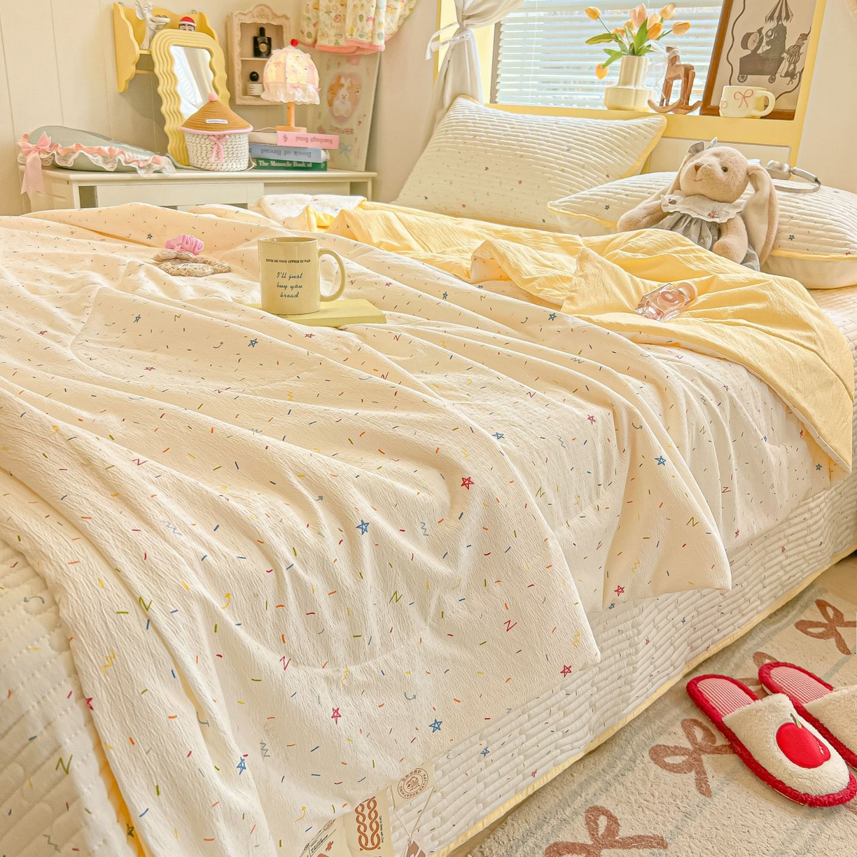 91家纺网 家纺一手货源 找家纺 欧妮家纺 2026新款A类云感双层纱夏被床盖四件套 织梦