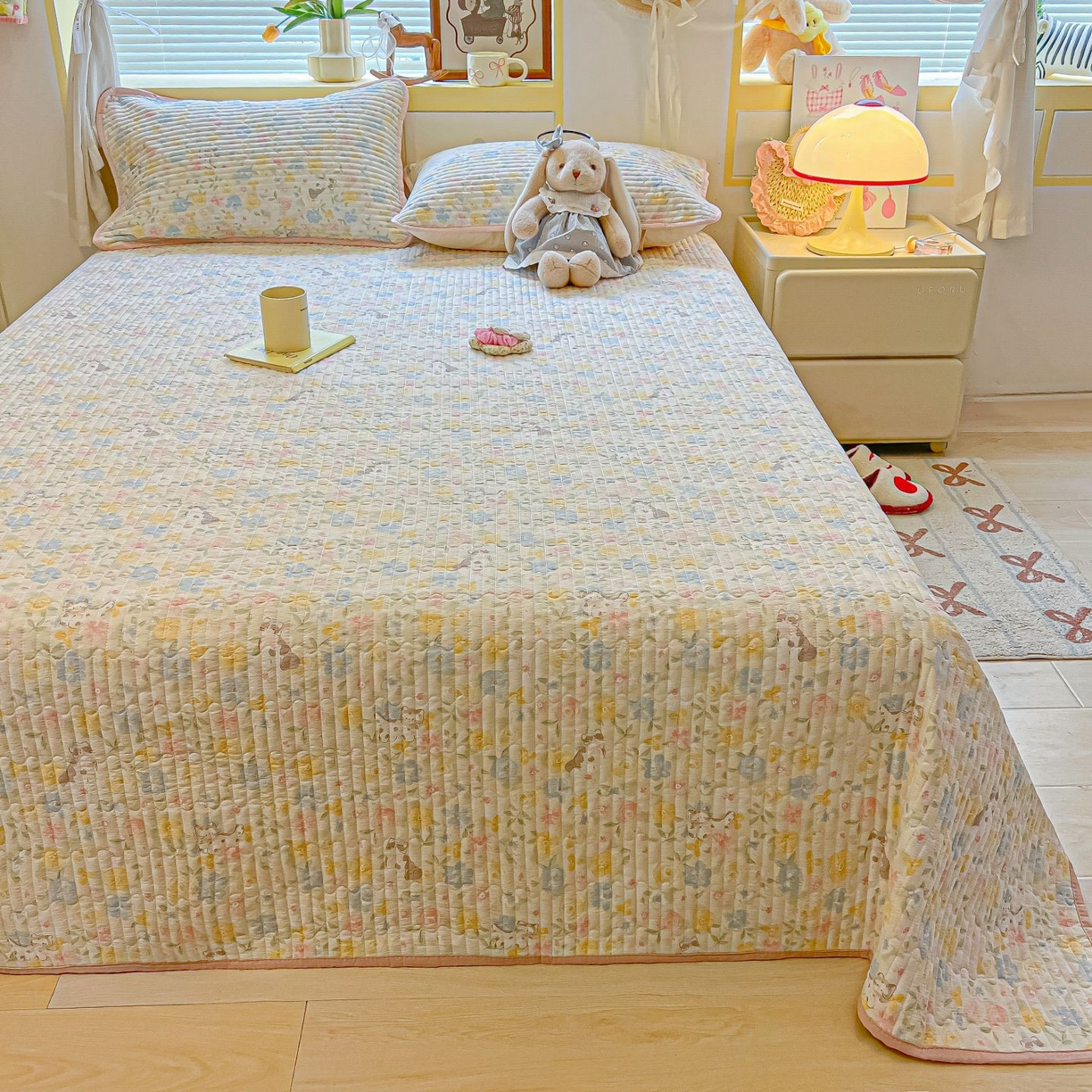 91家纺网 家纺一手货源 找家纺 欧妮家纺 2026新款A类云感双层纱夏被床盖四件套 粉调