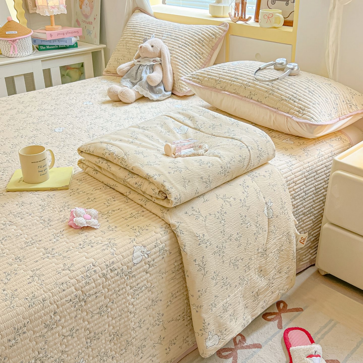 91家纺网 家纺一手货源 找家纺 欧妮家纺 2026新款A类云感双层纱夏被床盖四件套 小兔密语