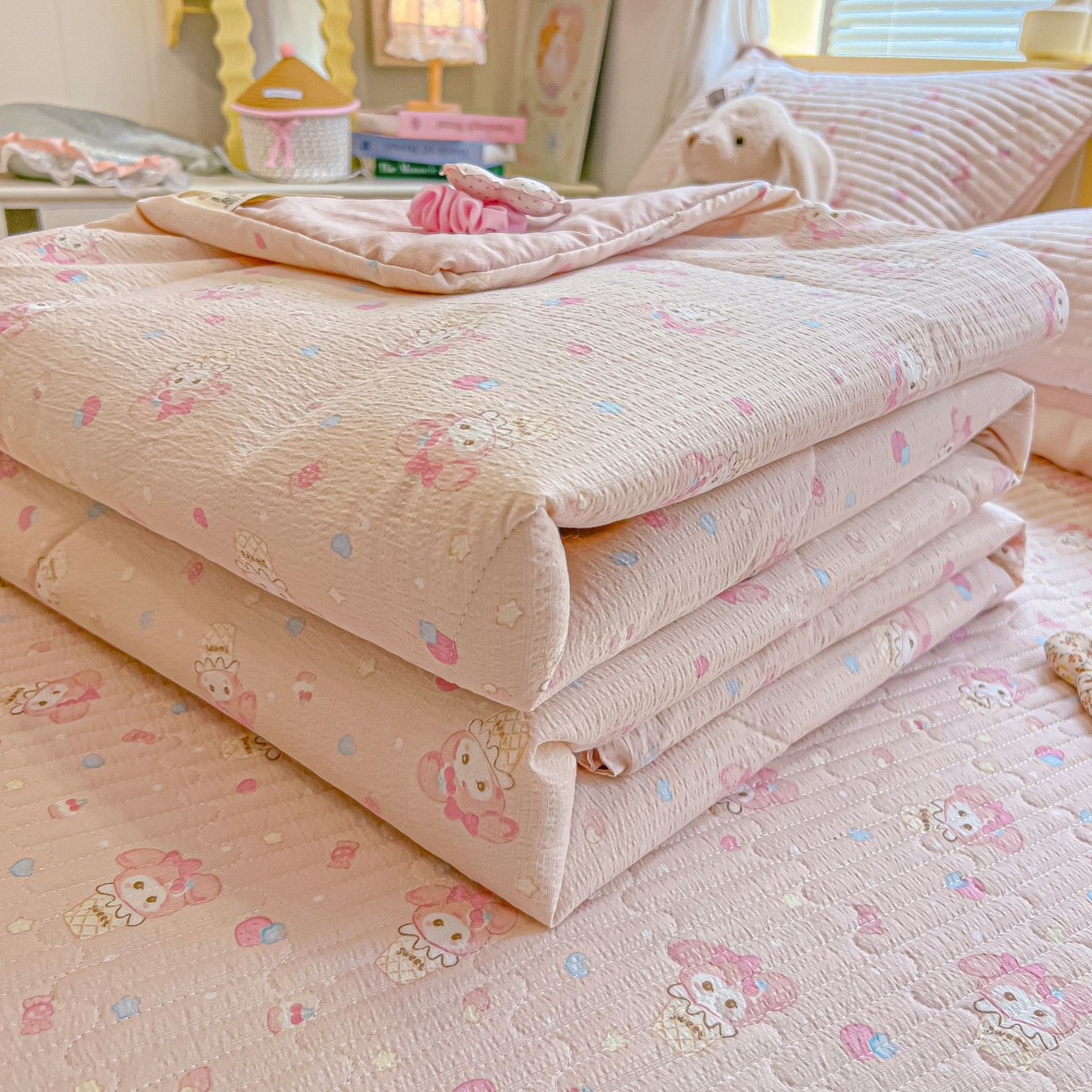 欧妮家纺 2026新款A类云感双层纱夏被床盖四件套 粉粉兔