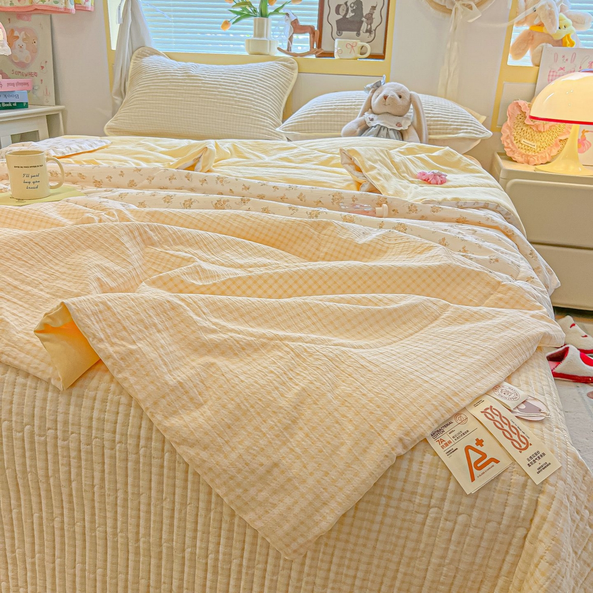 91家纺网 家纺一手货源 找家纺 欧妮家纺 2026新款A类云感双层纱夏被床盖四件套 暖花