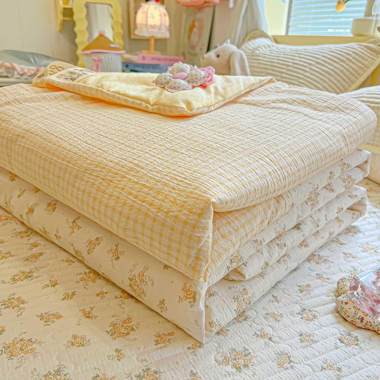 欧妮家纺 2026新款A类云感双层纱夏被床盖四件套 暖花