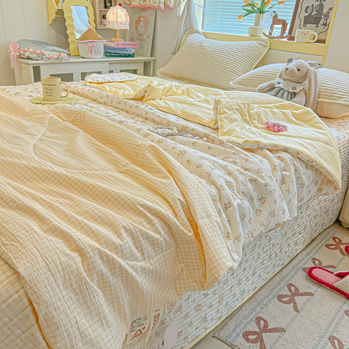 91家纺网 家纺一手货源 找家纺 欧妮家纺 2026新款A类云感双层纱夏被床盖四件套 暖花