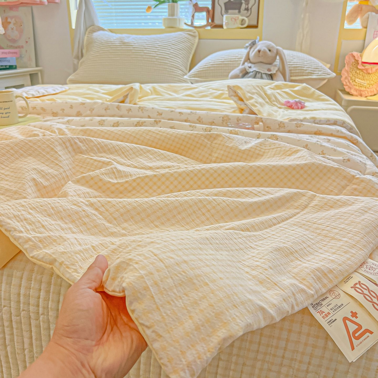 91家纺网 家纺一手货源 找家纺 欧妮家纺 2026新款A类云感双层纱夏被床盖四件套 暖花