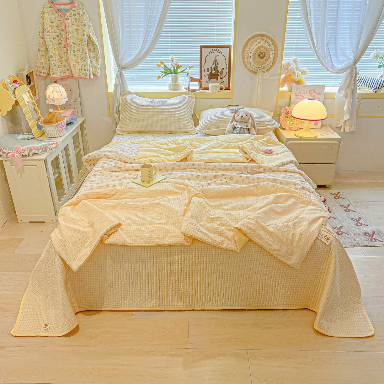 91家纺网 家纺一手货源 找家纺 欧妮家纺 2026新款A类云感双层纱夏被床盖四件套 暖花