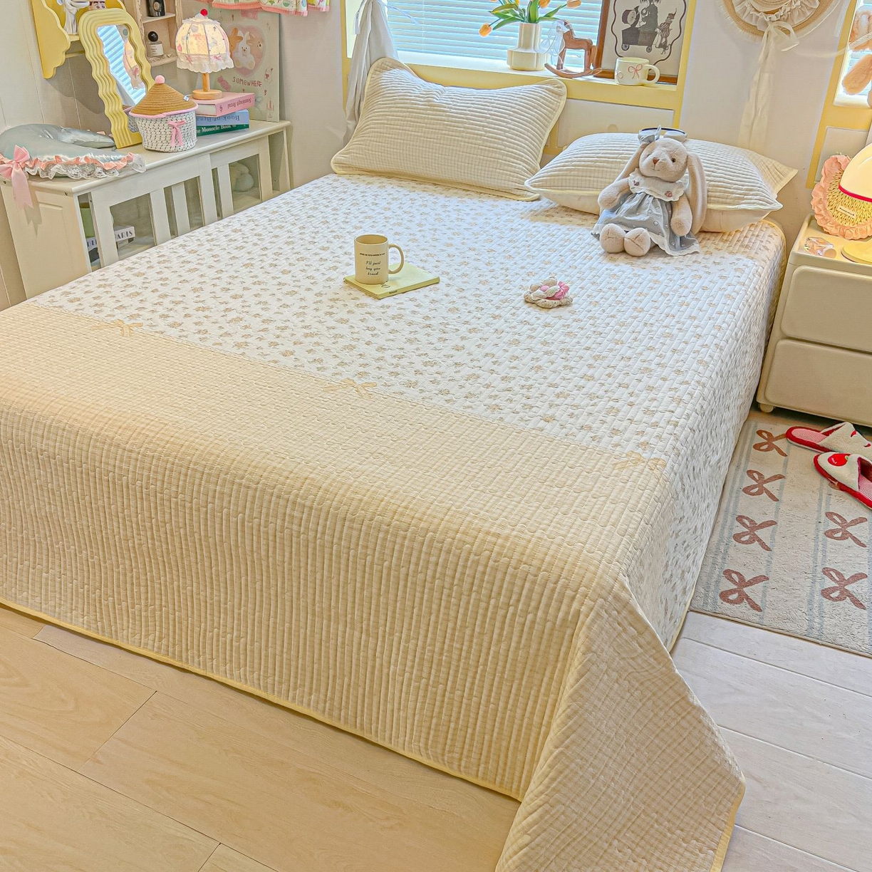 91家纺网 家纺一手货源 找家纺 欧妮家纺 2026新款A类云感双层纱夏被床盖四件套 暖花