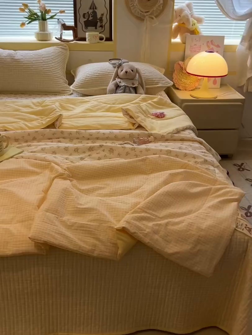 91家纺网 家纺一手货源 找家纺 欧妮家纺 2026新款A类云感双层纱夏被床盖四件套 暖花