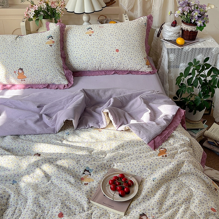 91家纺网 家纺一手货源 找家纺 仟网汇 2026新款彩色花边木棉皱皱纱夏被夏凉被空调被四件套 花间女孩