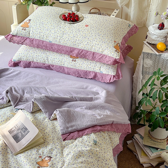 91家纺网 家纺一手货源 找家纺 仟网汇 2026新款彩色花边木棉皱皱纱夏被夏凉被空调被四件套 花间女孩