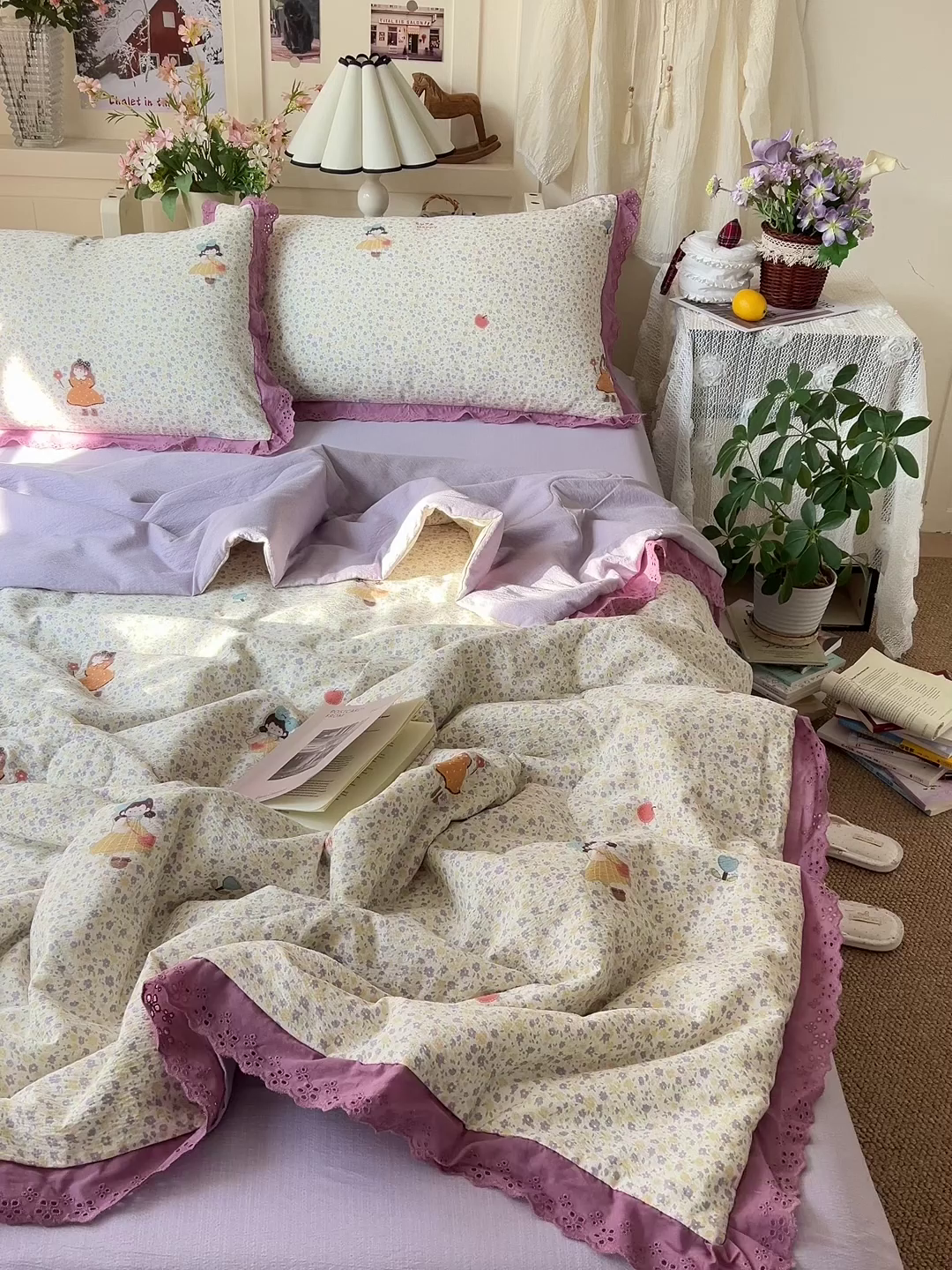 91家纺网 家纺一手货源 找家纺 仟网汇 2026新款彩色花边木棉皱皱纱夏被夏凉被空调被四件套 花间女孩