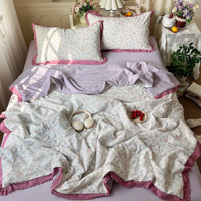 91家纺网 家纺一手货源 找家纺 仟网汇 2026新款彩色花边木棉皱皱纱夏被夏凉被空调被四件套 花漫漫