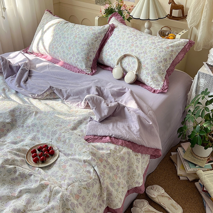 91家纺网 家纺一手货源 找家纺 仟网汇 2026新款彩色花边木棉皱皱纱夏被夏凉被空调被四件套 花漫漫