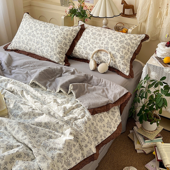 91家纺网 家纺一手货源 找家纺 仟网汇 2026新款彩色花边木棉皱皱纱夏被夏凉被空调被四件套 阑珊