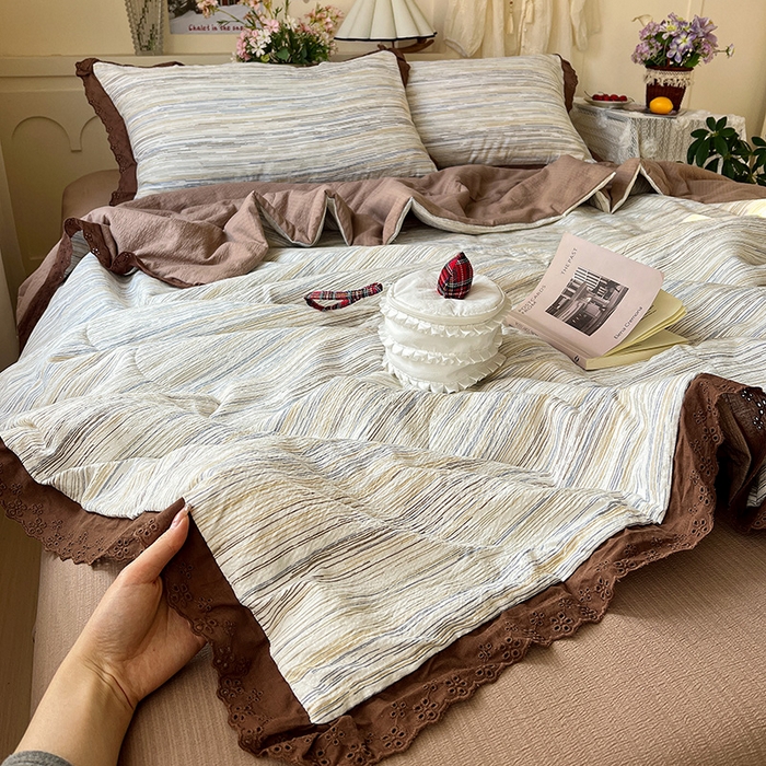 91家纺网 家纺一手货源 找家纺 仟网汇 2026新款彩色花边木棉皱皱纱夏被夏凉被空调被四件套 罗卡