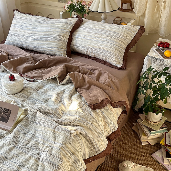 91家纺网 家纺一手货源 找家纺 仟网汇 2026新款彩色花边木棉皱皱纱夏被夏凉被空调被四件套 罗卡