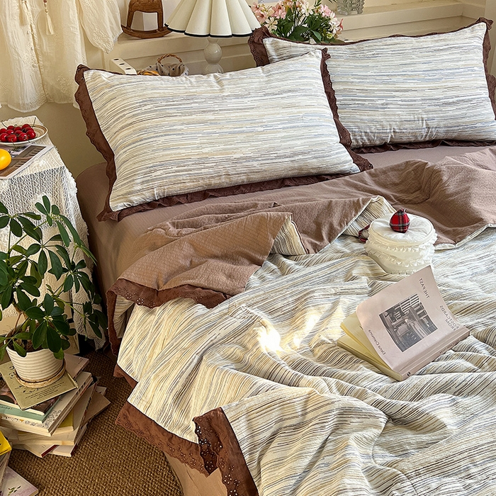 91家纺网 家纺一手货源 找家纺 仟网汇 2026新款彩色花边木棉皱皱纱夏被夏凉被空调被四件套 罗卡