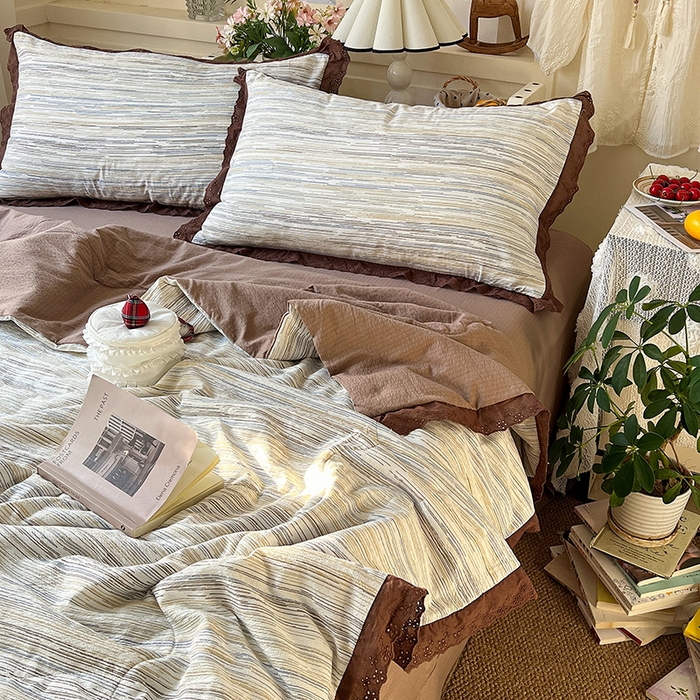 91家纺网 家纺一手货源 找家纺 仟网汇 2026新款彩色花边木棉皱皱纱夏被夏凉被空调被四件套 罗卡