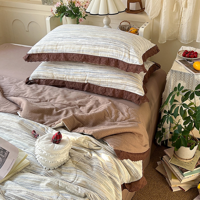 91家纺网 家纺一手货源 找家纺 仟网汇 2026新款彩色花边木棉皱皱纱夏被夏凉被空调被四件套 罗卡