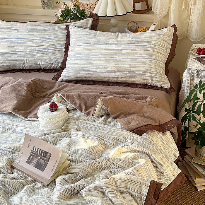 91家纺网 家纺一手货源 找家纺 仟网汇 2026新款彩色花边木棉皱皱纱夏被夏凉被空调被四件套 罗卡