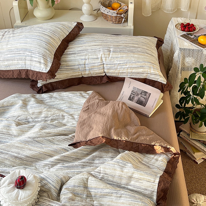 91家纺网 家纺一手货源 找家纺 仟网汇 2026新款彩色花边木棉皱皱纱夏被夏凉被空调被四件套 罗卡