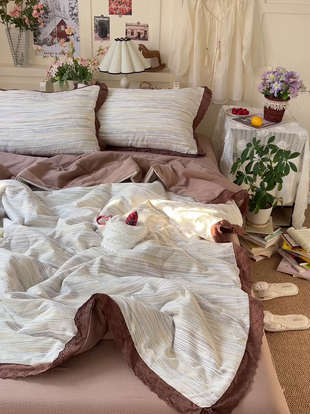 91家纺网 家纺一手货源 找家纺 仟网汇 2026新款彩色花边木棉皱皱纱夏被夏凉被空调被四件套 罗卡