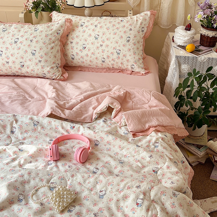 91家纺网 家纺一手货源 找家纺 仟网汇 2026新款彩色花边木棉皱皱纱夏被夏凉被空调被四件套 奶芙喵