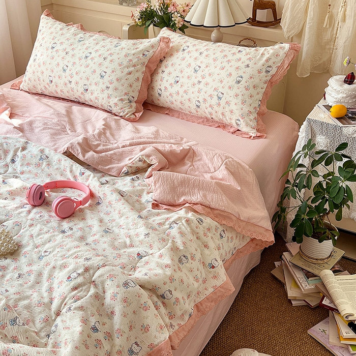 91家纺网 家纺一手货源 找家纺 仟网汇 2026新款彩色花边木棉皱皱纱夏被夏凉被空调被四件套 奶芙喵