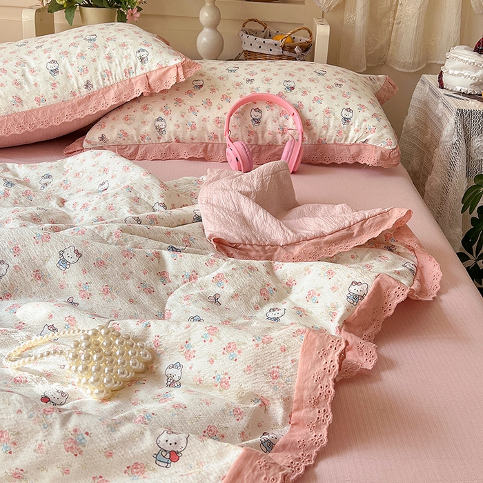 91家纺网 家纺一手货源 找家纺 仟网汇 2026新款彩色花边木棉皱皱纱夏被夏凉被空调被四件套 奶芙喵