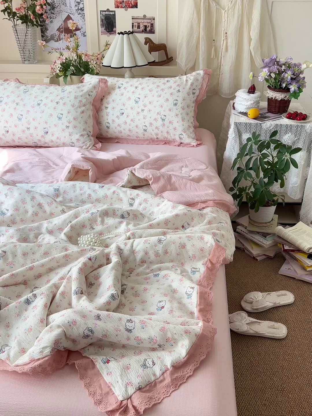 91家纺网 家纺一手货源 找家纺 仟网汇 2026新款彩色花边木棉皱皱纱夏被夏凉被空调被四件套 奶芙喵