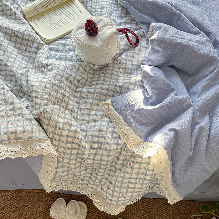 91家纺网 家纺一手货源 找家纺 仟网汇 2026新款彩色花边木棉皱皱纱夏被夏凉被空调被四件套 甜心格格