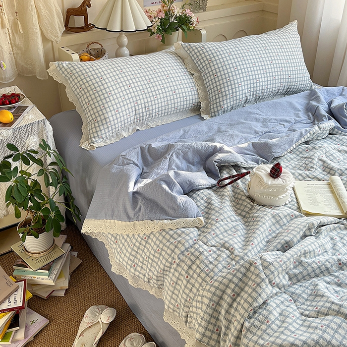 91家纺网 家纺一手货源 找家纺 仟网汇 2026新款彩色花边木棉皱皱纱夏被夏凉被空调被四件套 甜心格格