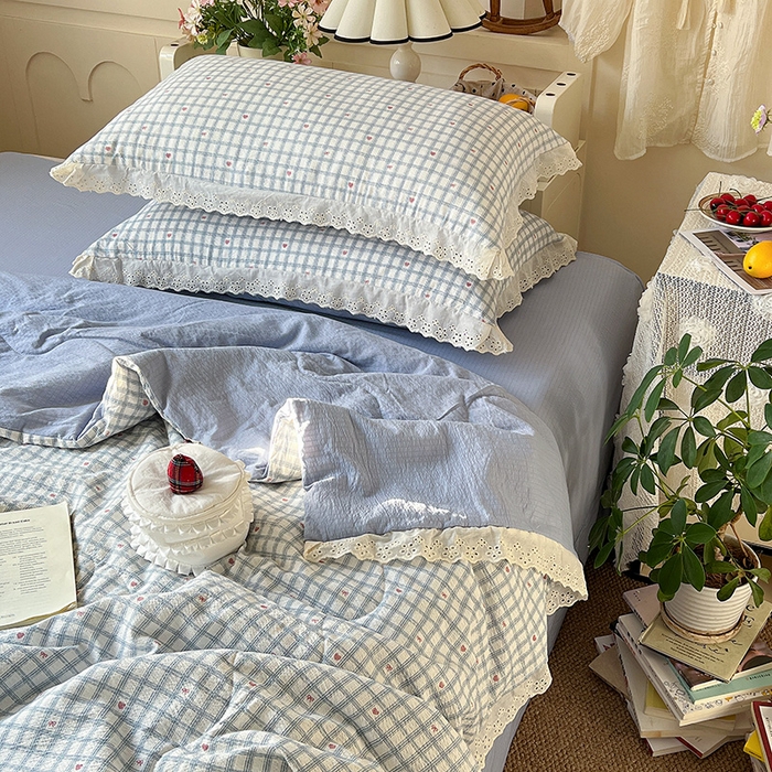 91家纺网 家纺一手货源 找家纺 仟网汇 2026新款彩色花边木棉皱皱纱夏被夏凉被空调被四件套 甜心格格