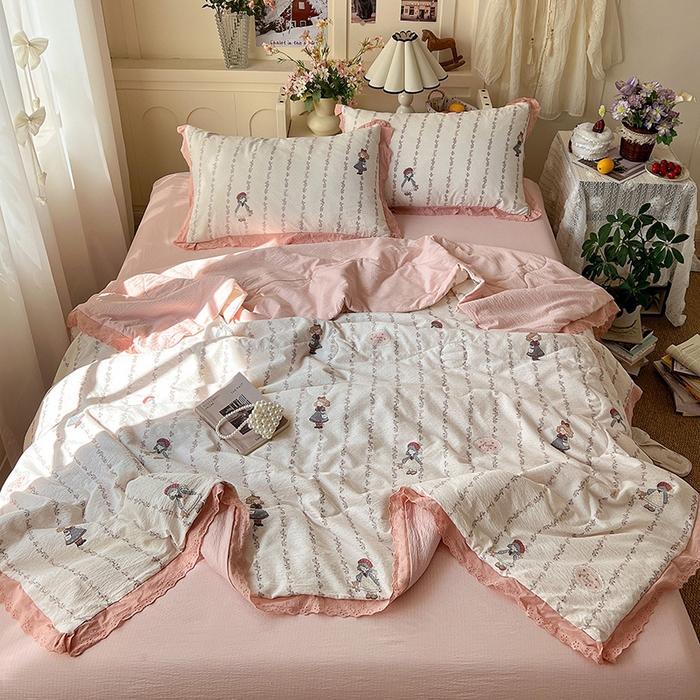 91家纺网 家纺一手货源 找家纺 仟网汇 2026新款彩色花边木棉皱皱纱夏被夏凉被空调被四件套 午后花园